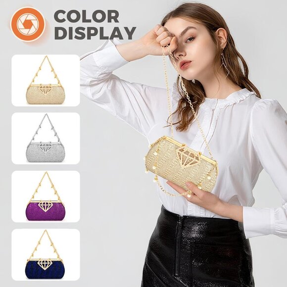 Gold rhinestone evening clutch with pearl chain, 8.3x4.3 inch - Picture 6 of 6